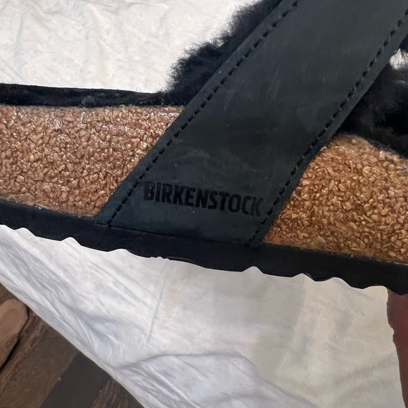 Black Furry Birkenstock sandal with toe strap and double buckle closure - Picture 5 of 5